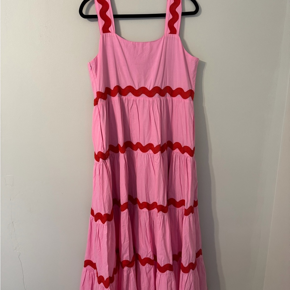 &merci Pink Ric Rac Trim Tiered Midi Dress Size L EUC Cottagecore